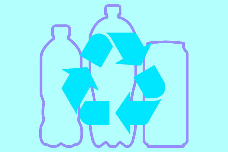 An outline of three beverage packing types with a recycle symbol on top