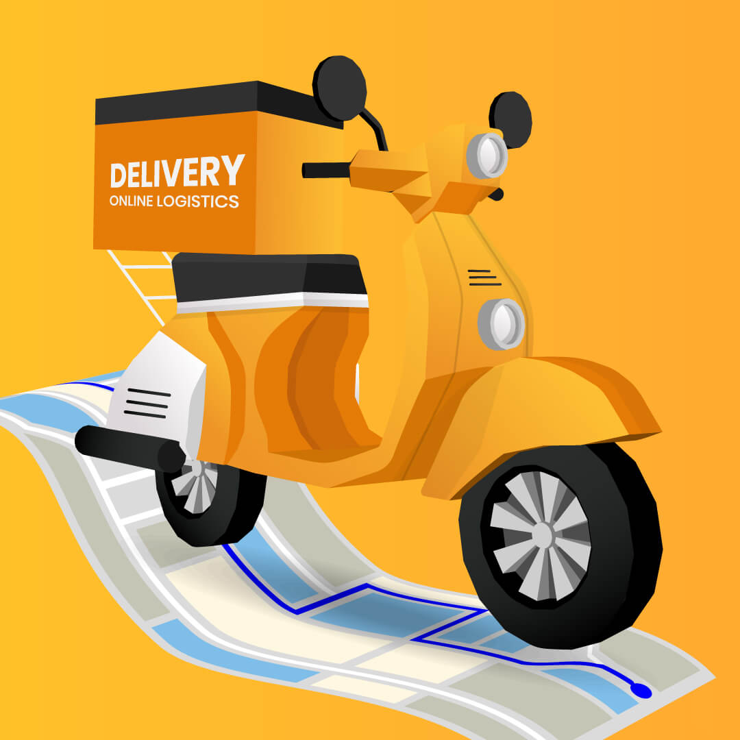 Illustration of a delivery scooter with the label Delivery: Online Logistics