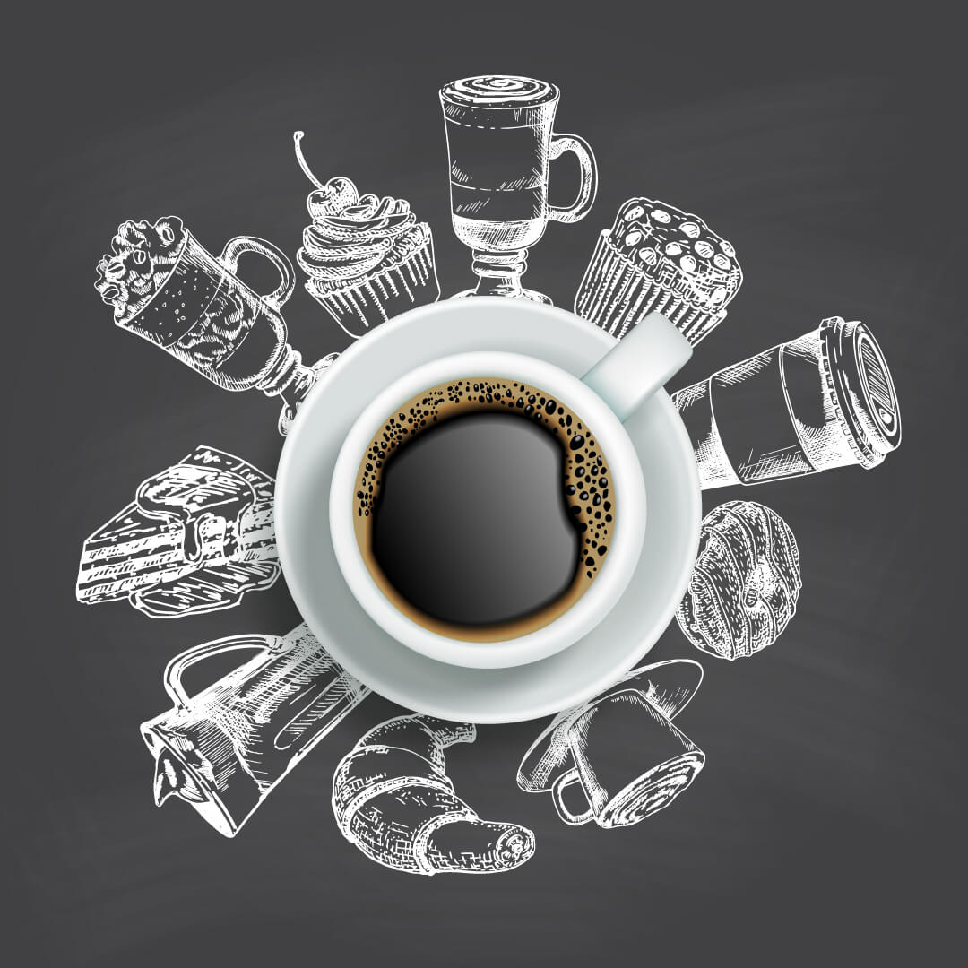 A top down view of a coffee cup, with illustrations of other coffee shop treats surrounding it