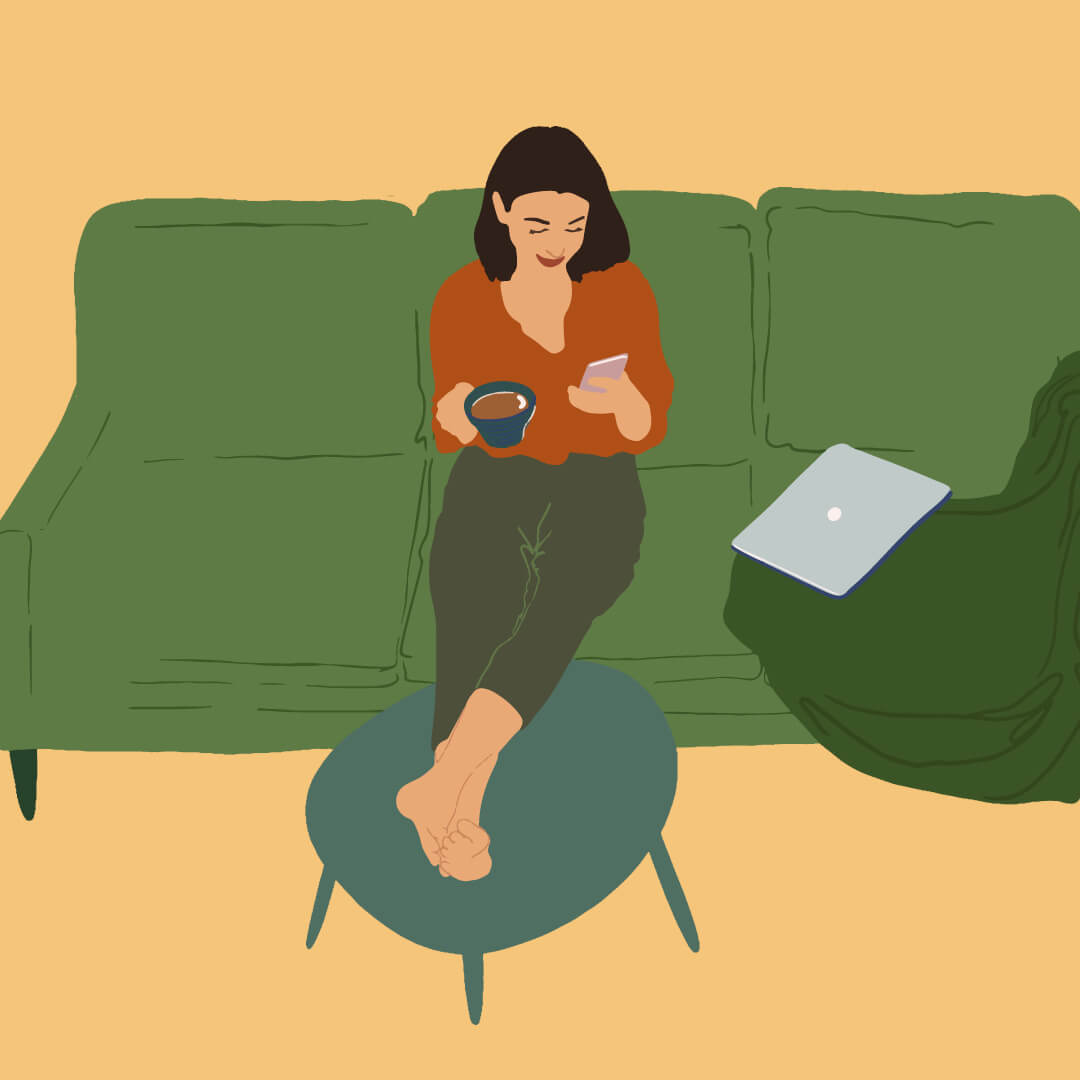 Illustration of a woman on the couch enjoying a coffee and looking at her phone